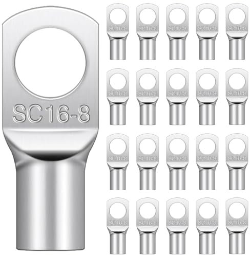 20 Pcs Cable Lug Terminals Connectors M8, SC16-8 Uninsulated Copper Tube Cable Lugs 16mm², Ring Lugs Connector M8, Terminals Connectors Tinned Copper Crimp Lugs for Auto, Boat(SC16-8)