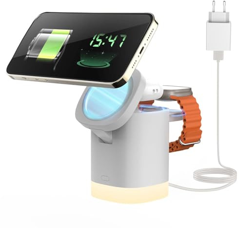 JoyGeek Ladegerät, Faltbar 3 in 1 Kabellose Ladestation für i Phone Air/17/16/15/14/13/12Serie, Wireless Charger mit einstellbar Licht für iWatch 11-2, für Air Pods 4/3/2/Pro,Silber