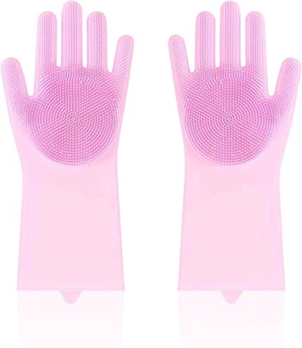 Dog Washing Gloves,Reusable Silicone Gentle Pink Washing up Gloves,2-in-1 Elasticity Grooming Glove for Dogs with Brush Heads,Heat Resistance Silicone Dishwashing Glove,for Pets and Dishwashing