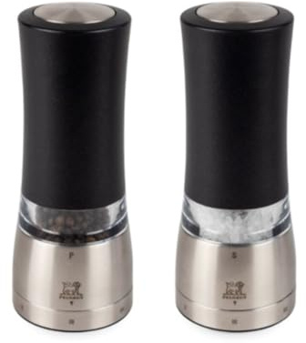 PEUGEOT - Set Daman u‘Select 16 cm (Elektrische Pfeffermühle + Salzmühle) - 6 Mahlgrade - Zirlion-Mahlwerk für pulverfeines Salz - Edelstahl - Französisches Know-how - Mit irisierend schwarzem Finish