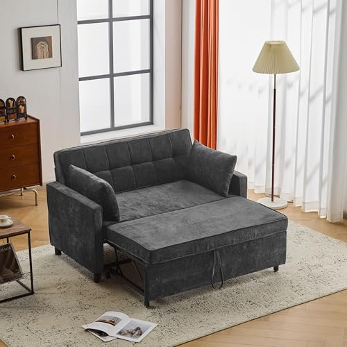 Merax Sofabett mit Schlaffunktion, ausziehbar Schlafsofa Zweisitzer mit verstellbare Rückenlehne, Chenille-Stoff, mit komfortable Kissen, Antik Schwarz