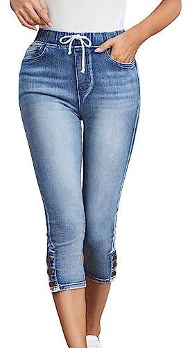 lozssnigzi Dreiviertel Hose Damen, Knielange Sommerjeans Slim Fit Röhrenjeans High Waist 7/8 Jeggings Skinny Caprihose Leicht 3/4 Hose Sommer Lässig Capri Jeans