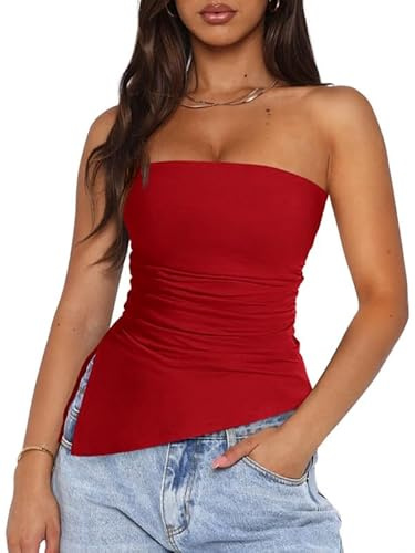 Sukiglam Debardeur Femme Élégant Bretelles Tube Top Été Sexy Dos Nu Bustier sans Manches Tunique Haut Élastique Slim Fit Y2K Going Out Crop Tops Doux Ruché Chemise avec Fente Latérale