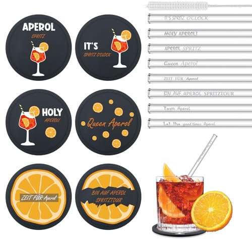 14 Pezzi Aperol Spritz Accessori con 6 Sottobicchieri Silicone Rotondi 10cm e 8 Cannucce Vetro Aperol 20cm, Sottobicchiere con Divertenti Detti Aperol, Cannuccia Vetro Riutilizzabile (A)