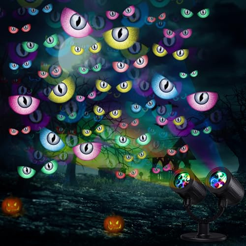 iShabao Halloween Deko Outdoor, Doppelter Kopf Dynamische Halloween Projektor mit Timer, Wasserdicht LED Projektionslampe mit Geisteraugen für Garten Fenster Wand Hof Party
