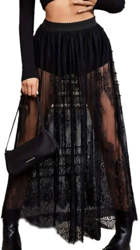EMOTTOS Jupe Longue Femmes, Maxi Semi-Transparente Dentelle, Sexy 2 en 1, Transparente Taille élastique Taille Haute Ligne A Jupe Tulle avec Short Festival Streetwear, Clubwear, Noir, S
