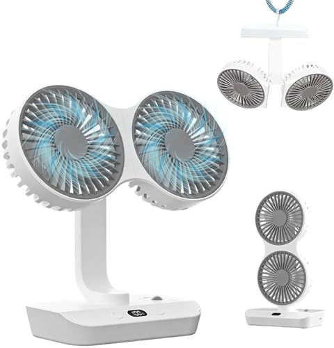 HUAJUN Ventilateur de Table Portable, 4000mAh Double Tête Rechargeable Ventilateur de Table USB avec Lumière LED & Crochets,4 Vitesses et 360 ° de Rotation pour Chambre, Bureau, Camping