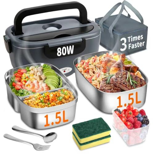 SOOOEC Electric Heated Lunch Box 100W - 3-in-1 Fast Heating Lunch Boxes Portable for Adults, 12V/24V/220V with 2 Pack Containers (Single & Compartment) for Car Truck Office (Black)