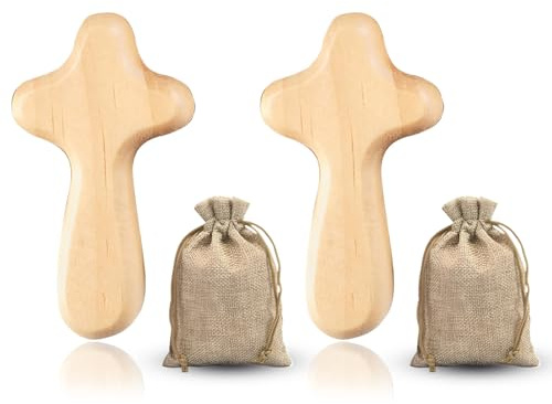 DtgEcd 2 Pack Wooden Cross, Handcrafted Religious Gifts for Women and Men, Christian Wall Art with 2 Linen Pouches, Orthodox Cross for Prayer, Meditation and Spiritual Comfort