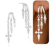 Silver Cross Earrings for Women Trendy Jewellery Sterling Silver Triple Huggie Earrings Dainty Dangle Earring Small Hoops Statement Long Drop Chain Earrings Fashion Non Tarnish Jewelry
