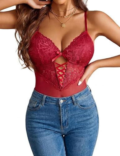 Avidlove Dam spets bodysuit sexiga babydoll bodys nätbody outfit rave bodys i ett stycke v-ringad underkläder, Färg: röd, XL