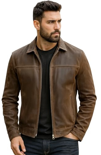 Vintage Mens Cafe Racer Distressed Brown Biker Leather Jacket-New Men Genuine Leather Jackets (UK, Alpha, XL, Regular, Regular, Distressed Brown)