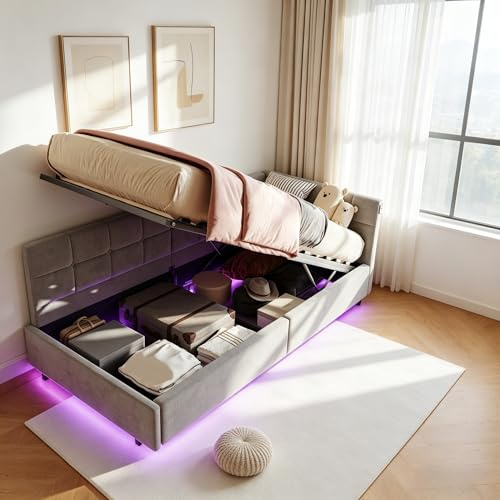 Polsterbett Kinderbett 90x200 mit LED und USB-Anschlüssen, Polsterbett Schlafsofa mit Hydraulischem Stauraum, Jugendbett Einzelbett Bettgestell mit Lattenrost, Ohne Matratze, Samt (Grau, 90x200)
