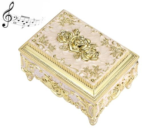 SUMTree Vintage Schmuckschatulle mit Spieluhr Metall Music Box Quadratische Schmuckkästchen Milchweiß Schmuckbox mit Gold Blumen Schmuckkasten für Ring Halsketten Damen Geschenk Geburtstag Hochzeit
