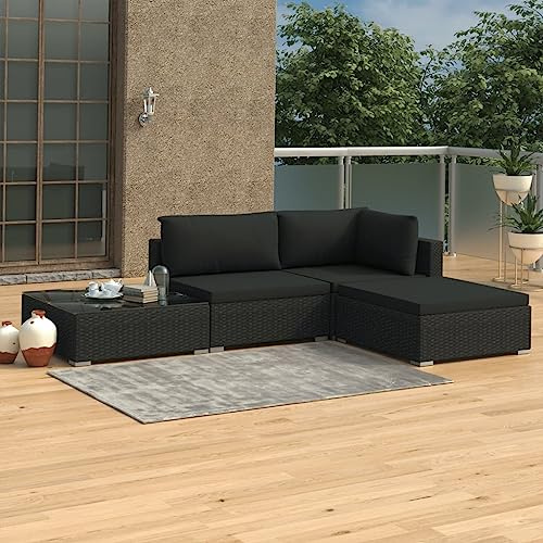 QJBSAVVA 4-teiliges Gartenmöbel-Set aus robustem PE-Rattan 70 x 70 x 52,5 cm Modernes Schwarzes Lounge-Set mit klappbaren Auflagen für Balkon Terrasse und Garten