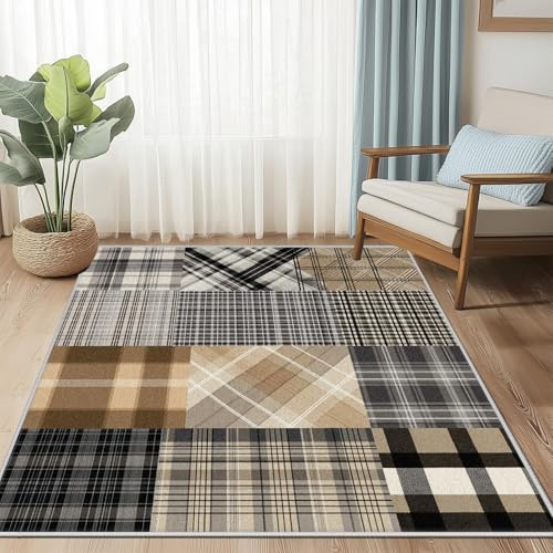 UUZEAI Vintage lapptäcksmatta 120 x 160 cm för sovrum, tvättbar, khaki och svart, halkfritt klassiskt rutigt mönster, perfekt för entré, vardagsrum, veranda