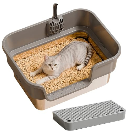 Bac à litière pour chat – Plateau en acier inoxydable, design anti-fuite | Grande toilette d'intérieur de 43 × 33 cm, corps lisse antiadhésif, poêle facile à nettoyer avec option de placement d'angle