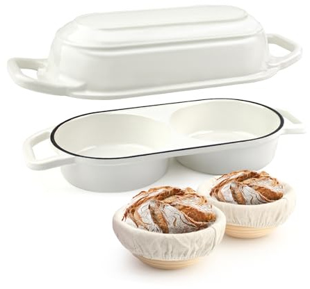 YONILL Mini Double Dutch Oven for Sourdough Bread Baking - Enameled Cast Iron Dutch Oven Pot with Lid and 5 Banneton Bread Proofing Basket Kit, Dual Round Bread Loaf Pan for Homemade Baking (White)