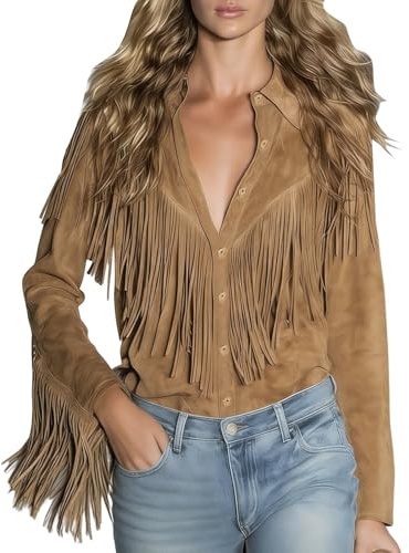 Abito da cowgirl alla moda in pelle top da donna con nappe camicie anni '70 hippie cowgirl western in finta pelle scamosciata camicetta con frange a maniche lunghe bottone risvolto top elegante