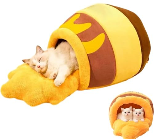Honey Jar Cat Bed, Cute Covered Cat Hut Soft, Cat Cave Bed Indoor, Fluffy Cat Bed House with Removable Washable Cushion, Honey Pot Design Cat Bed Nest, Cozy Enclosed Thermal Soft Cave For Pet (S)