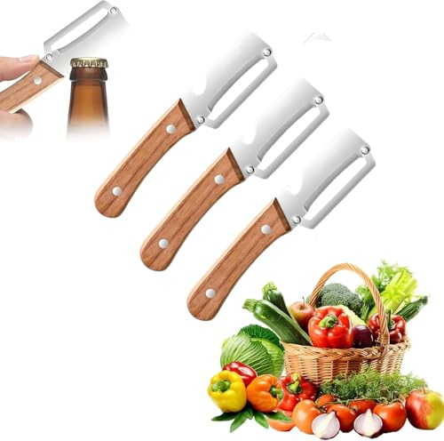 3-in-1 Multifunktionaler Gemüseschäler For Die Küche, Multifunktionaler Sparschäler mit Holzgriff & integriertem Flaschenöffner für Obst, Gemüse & Fleischscheiben und Öffnen von Weinflaschen(3pcs)