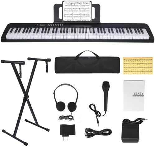 Klaviertastatur mit 88 Tasten, elektrisches Digitalpiano mit halbgewichteten Tasten, Keyboard Piano mit Sustain-Pedal, Netzteil, Ständer, Tragetasche, Kopfhörer, USB-MIDI-Kompatibilität, für Anfänger