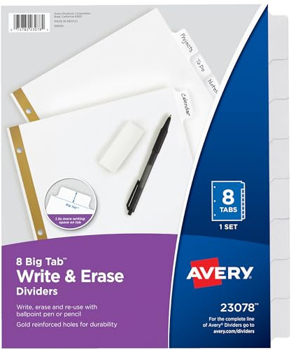 Avery 23078 Trennblätter für Ordner mit 8 Registern, zum Schreiben und Löschen, Weiß, 48 Sets