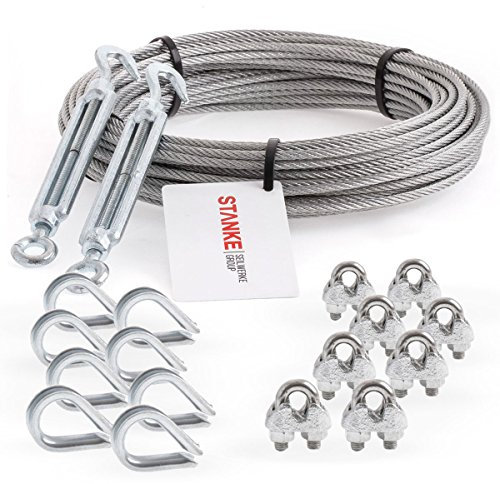 Seilwerk STANKE Cuerda de acero galvanizado 20m, Cuerda de acero con diámetro 5mm 6x7, 2x tensor gancho-ojo M8, 8x guardacabo, 8x abrazadera - SET 5