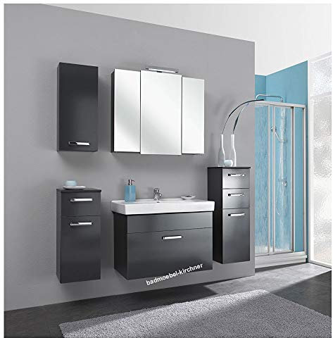 Pelipal - Mainz 13 - Badmöbel-Set - 80 cm - Badset einfach, Komplettset, 6-teilig mit Spiegelschrank, Keramik-Waschtisch usw. in Anthrazit Glanz