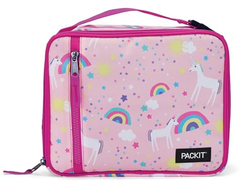 PackIt Freezable Classic Lunch Box, Unicorn Sky Pink, Built with EcoFreeze Technology, Collapsible, Reusable, Zip Closure with Zip Front Pocket and Buckle Handle, Perfect for School Lunches