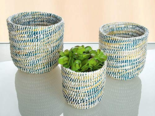 Dekoleidenschaft Lot de 3 paniers de rangement en jonc de mer, tressés à la main, bleu, jaune, blanc, panier à plantes, panier à ustensiles, panier tressé, cache-pots de fleurs, panier de salle de