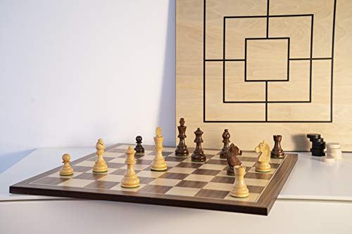 Holz-Leute Schachset Schach/Dame & Mühle in einem & Schachfiguren gewichtet - Intarsie - Feld 50 mm