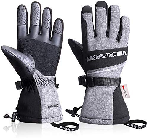 KINGSBOM Wasserdicht Ski- und Schnee-Handschuhe, 3M Thinsulate Winter Warm Touchscreen Snowboard Handschuhe für Herren & Damen - Grau(L)