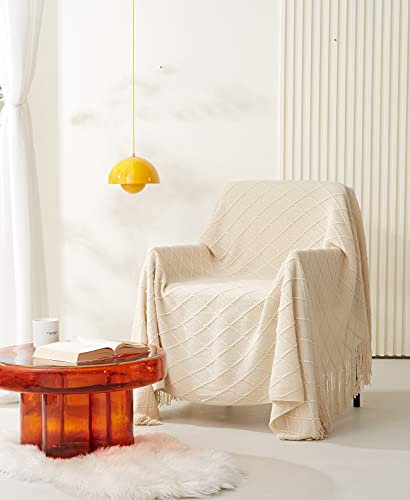 Kuscheldecke Wohndecke Flauschig Beige Gestrickt Tagesdecke Grob Wendedecke Kuscheldeck Sofadecke Couchdecke Strickdecke Sofa Bett Überwurf 120 x 240 cm Sofaüberwurf mit Kurzen Fransen Bedspread