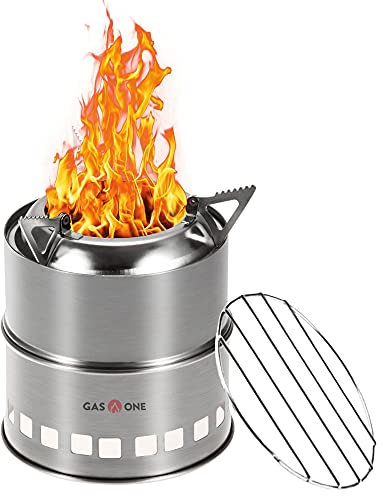 Gas One Camping Stove - Wood Stove Stainless Steel Portable Stove with Alcohol Tray Potable Wood Burning Stoves for Picnic BBQ Camp Hiking with Grill Grid