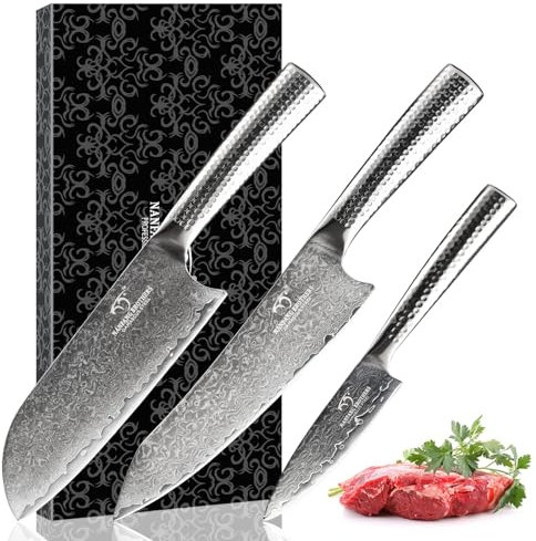 NANFANG BROTHERS Damaskus Küchenmesser Set, Messerse mit Kochmesser, Santoku Messer und Schälmesser, Professionelles Edelstahl Messerset, Damaststahl Messer Set mit Gehämmerten Griffen 3-teilig