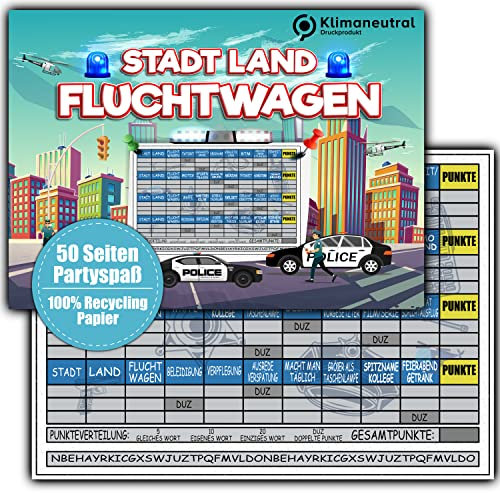 Stadt Land Fluchtwagen Polizei Rätzel Polizei Geschenk 50 Seiten DIN A4 Recycling Papier