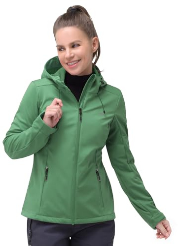 33,000ft Damen Softshelljacke Wasserdichte Winddichte Funktionsjacke Atmungsaktive Übergangsjacke Leichte Fahrradjacke mit Kapuze Windbreaker zum Laufen, Radfahren, Wandern,Grün 40