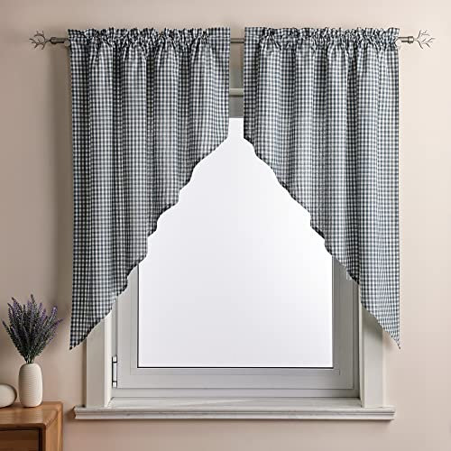 Yujiao Mao 2er Set Modern Scheibengardine Bogengardine mit Karo für Kleinfenster Balkon Landhausstil Küchengardine mit Stangendurchzug, Blau BxH 60x90cm