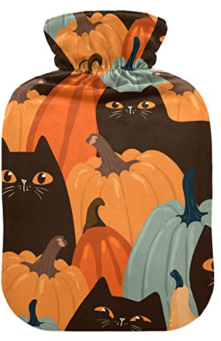 Wärmflasche mit weichem Samtbezug, süße Katze, Kürbis, Kätzchen, Herbst, Wärmbeutel zur Schmerzlinderung, heiße und kalte Kompresse, Körperbettwärmer, 2 l
