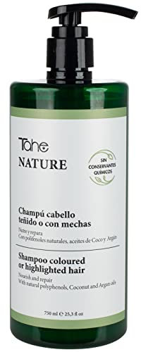 Tahe Nature Champú sin sulfatos para cabellos teñidos o con mechas con Polifenoles naturales, Aceites de Coco, Argán y Geranio (750 ml)