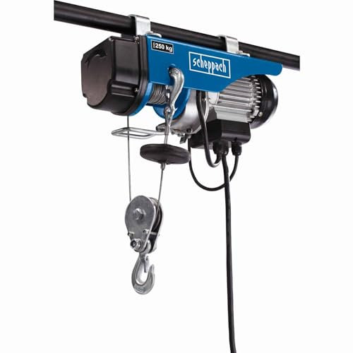 Scheppach HRS250 Electric Hoist | 125/250kg Load | Lifts 6/12m with Pulley | Safety Hook & Emergency Stop | Inc. 2 Brackets