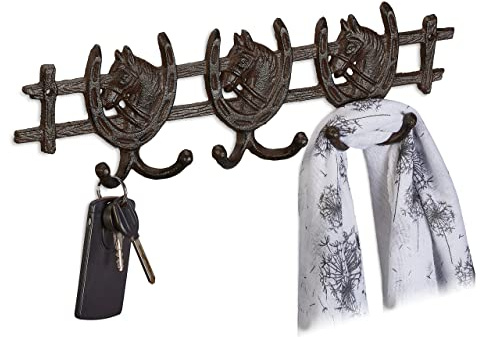 Relaxdays Garderobenleiste Pferd, Gusseisen, HxBxT: 11 x 36,5 x 3,5 cm, 6 Garderobenhaken, antikes Schlüsselbrett, braun | HxBxT: 11 x 36,5 x 3,5 cm, 6 Garderobenhaken, antikes Schlüsselbrett