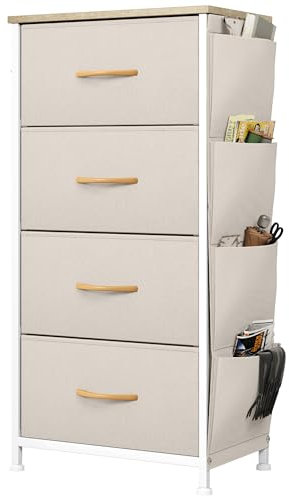 YITAHOME Cajonera de Tela con Bolsillos Laterales, Ganchos,Cómoda de Tela,Unidad de Almacenamiento,con 4 cajones Extraíbles,Cómoda de para Sala de Estar,Dormitorio, habitación Infantil,Beige