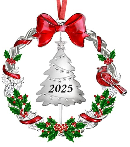 Christmas Ornament 2025 for Christmas Tree Decorations，Dated 2025 Christmas Wreath Ornament with Rotatable Tree for Holiday Decorative Keepsake Gift(Metal,1 Pack)