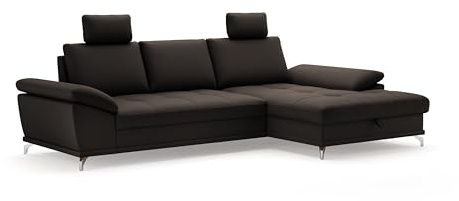 Cavadore Ecksofa Castiel mit Federkern / Eckcouch mit XL-Longchair, Bett, Bettkasten, Sitztiefenverstellung, Kopfstützen und mattschwarzen Metallfüßen / 301 x 89-114 x 176 / Echtleder, Dunkelbraun