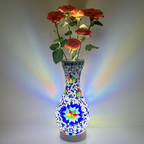 JAITAIK Turkish Moroccan Table Lamp Mosaic Vase Lamp Handmade Glass Vase with Wood Base Decorative Bedside Lighting for Bedroom, Living Room, Farmhouse - USB Plug