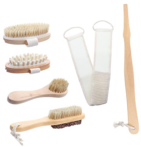 6 Stück Bade und Körperpflegeset mit Massagebürste | Holz, Nylon, Bimsstein und Borsten, für Frauen und Männer, Angenehme Nutzung und Hautpflege