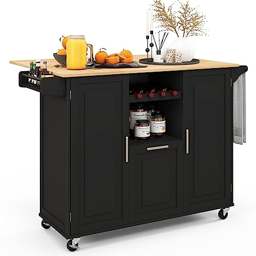 COSTWAY Carrito de Cocina Isla de Cocina con Encimera de Hoja Abatible y 4 Ruedas Giratorias (Negro)