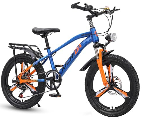 Bueuwe Kinder-Mountainbike für Jungen und Mädchen mit LED-Suchscheinwerfer, 18 20 22 Zoll Fahrrad für 7–16 Jahre, Doppelscheibenbremsen, Variable Geschwindigkeit,Blau,20in